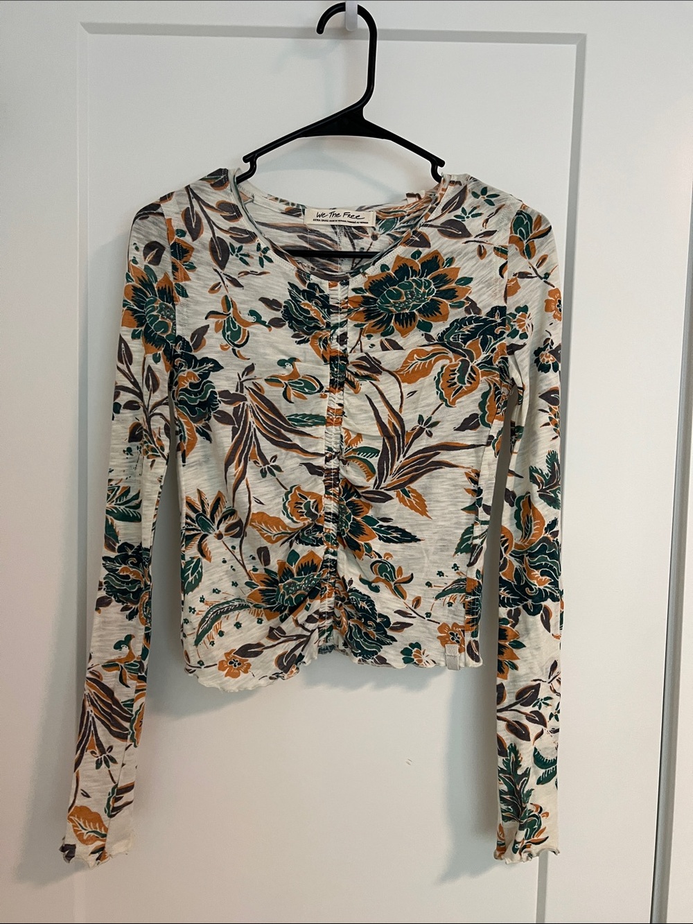Free People Cream Long Sleeve Floral Ruched Top with Green, Orange & Grey Print